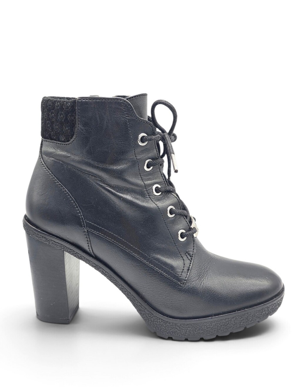 Michael Kors Kim Black Leather Lace-Up Block Heel Boots Size 7.5